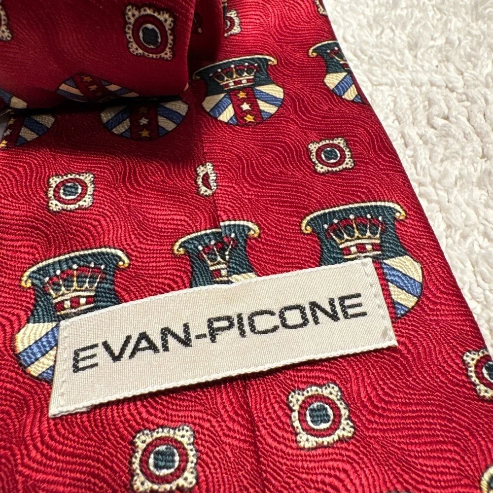 Evan Picone Tie Red Art Deco Medallion Monogram Geometric Silk Old Money USA